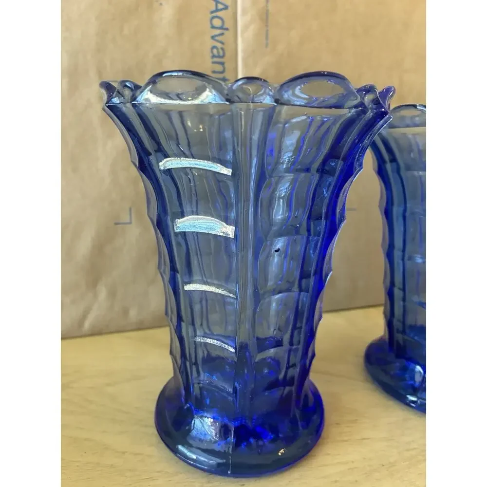 2 Vintage Cobalt Blue Pressed Glass Vases Ruffled Scalloped Edge Mid Century